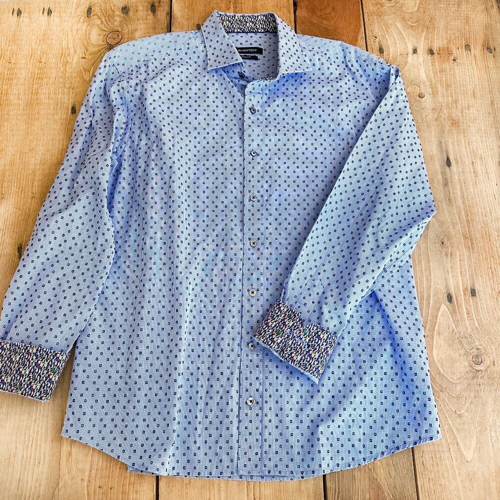 Bugatchi Men's XL Cotton Button Down Blue Mini Checks City‎ Sleeve Cuffs